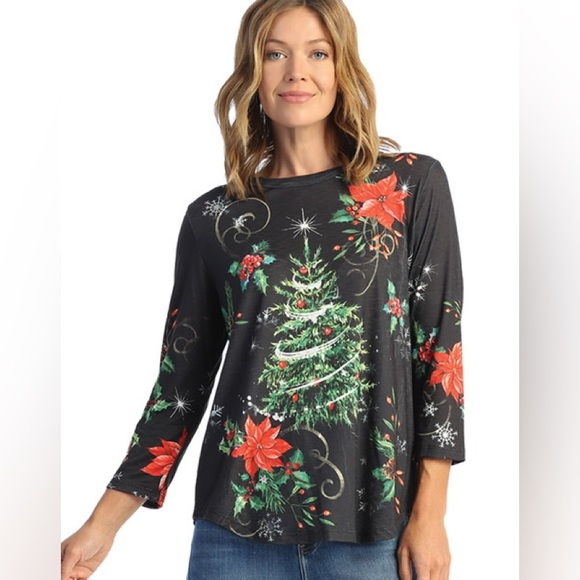 Christmas tree shirt Wish red poinsettia PS1-1659 3/4 sleeve - Picture 1 of 1